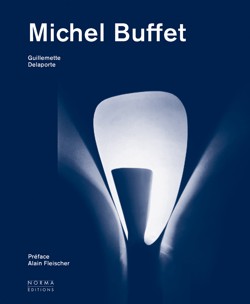 Illuminated curved wall light shape on navy cover of 'Michel Buffet', by Editions Norma.