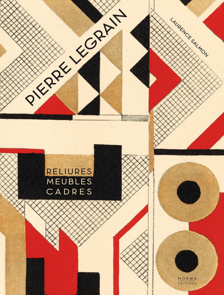 Geometric shapes and patterns in cream, black, beige and red, PIERRE LEGRAIN Reliures Meubles Cadres in black and beige font to centre left.