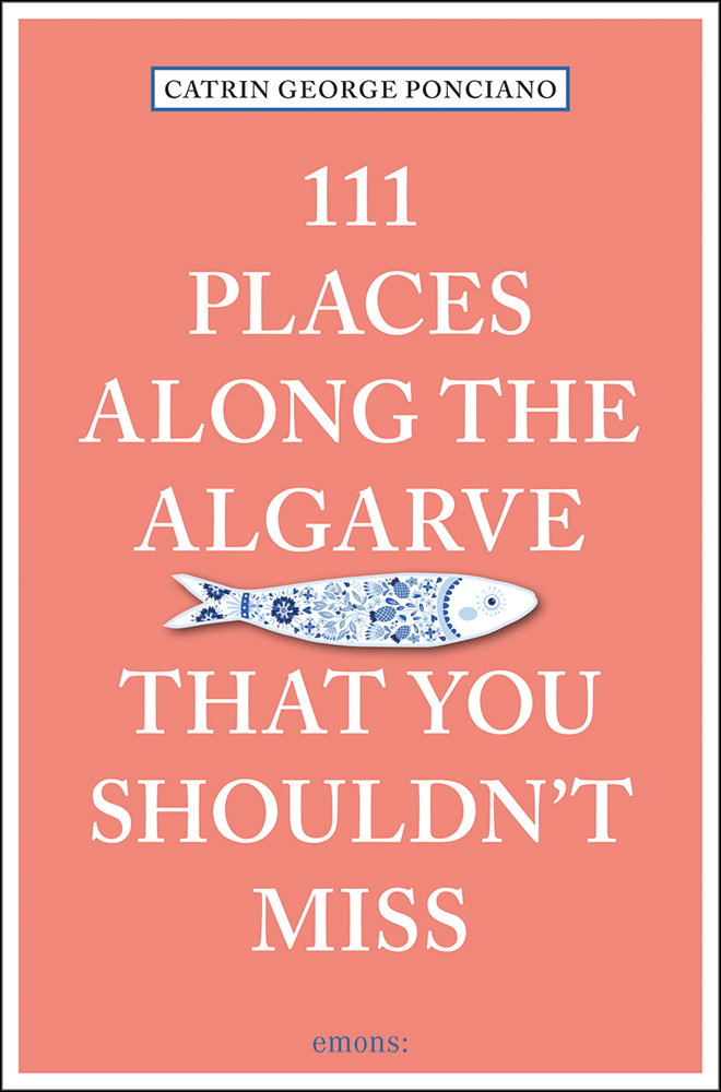 Blue and white fish to centre of coral cover of '111 Places Along the Algarve That You Shouldn't Miss', by Emons Verlag.