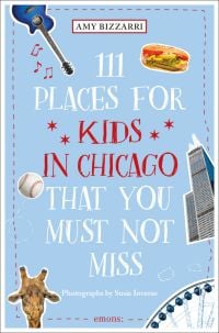 Giraffe, blue acoustic guitar and baseball, to pale blue cover of '111 Places for Kids in Chicago That You Must Not Miss', by Emons Verlag.