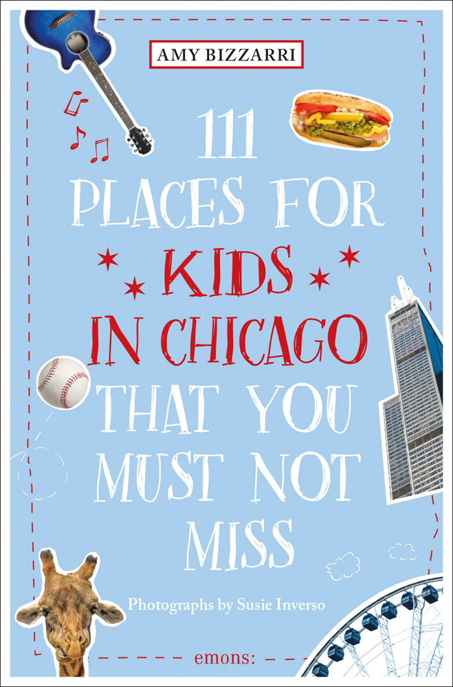 Giraffe, blue acoustic guitar and baseball, to pale blue cover of '111 Places for Kids in Chicago That You Must Not Miss', by Emons Verlag.