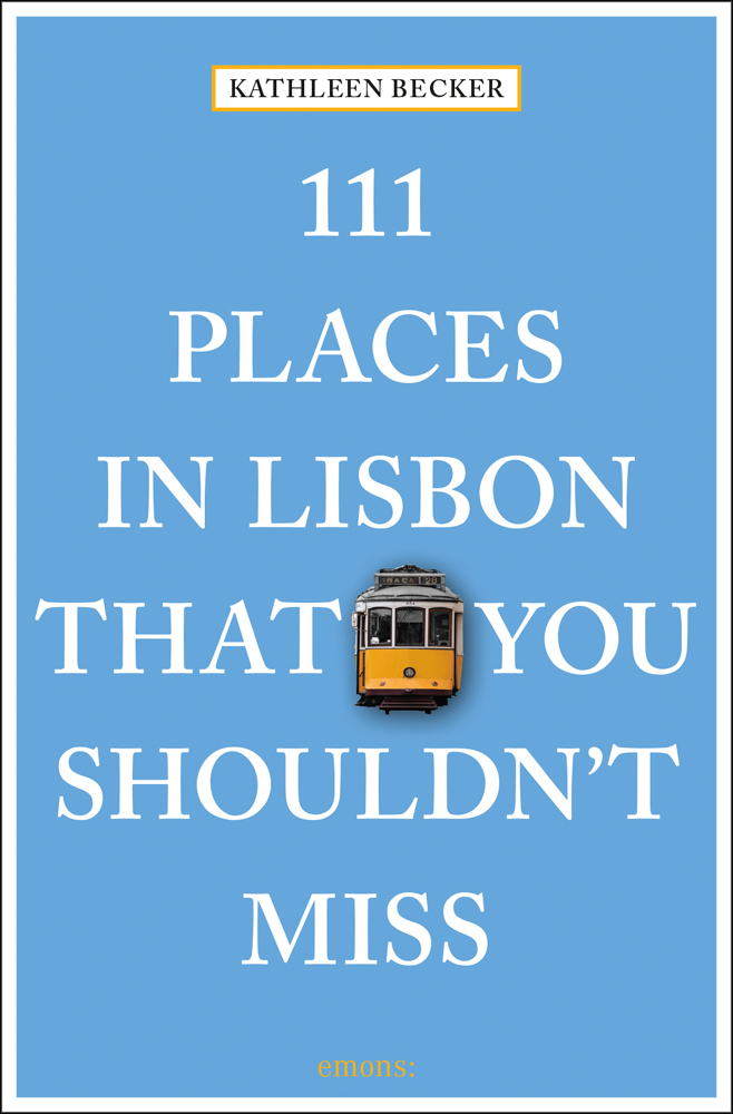 Tram car near centre of pale blue cover of '111 Places in Lisbon That You Shouldn't Miss', by Emons Verlag.