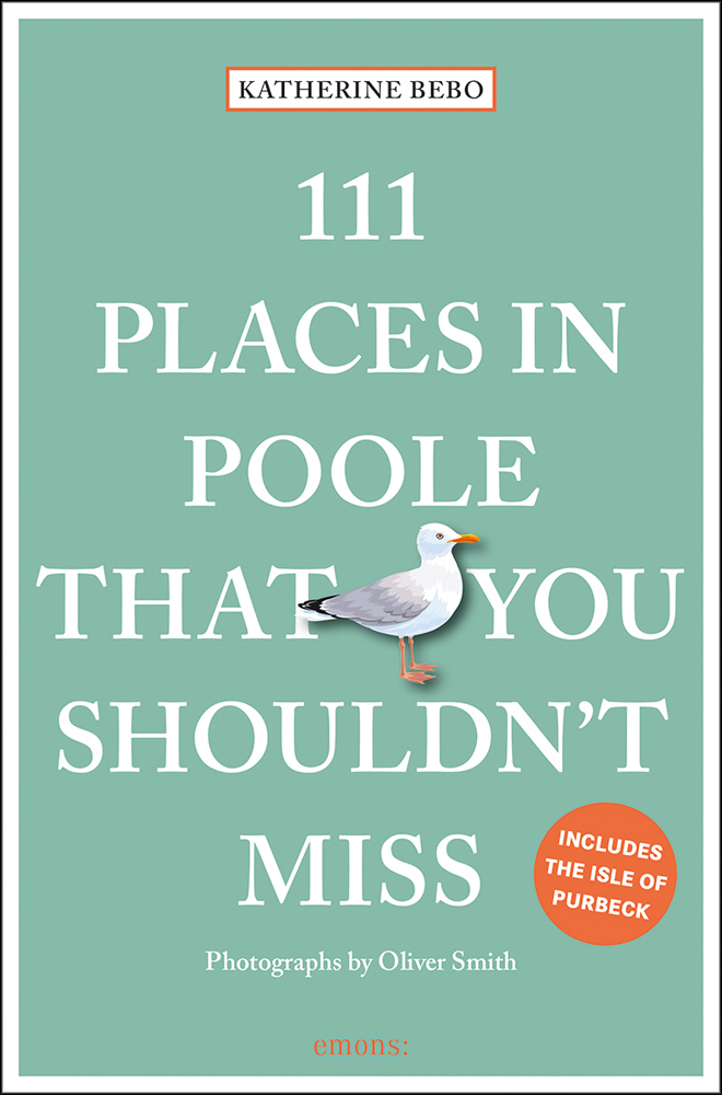 Seagull near centre of pale green cover of '111 Places in Poole That You Shouldn't Miss', by Emons Verlag.