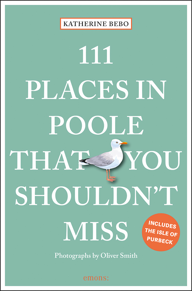 Seagull near centre of pale green cover of '111 Places in Poole That You Shouldn't Miss', by Emons Verlag.