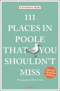 Seagull near center of pale green cover of '111 Places in Poole That You Shouldn't Miss', by Emons Verlag.