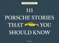 Bright yellow Porsche 911 to center of dark grey landscape cover of '111 Porsche Stories That You Should Know', by Emons Verlag.