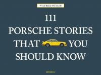 Bright yellow Porsche 911 to center of dark grey landscape cover of '111 Porsche Stories That You Should Know', by Emons Verlag.