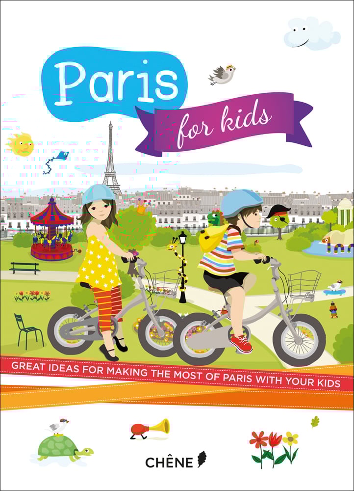 Illustration of 2 children on bikes, riding through park, Eiffel Tower behind, Paris for Kids in white font on blue and purple banners above