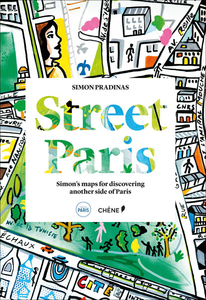 Colour illustration of map of Paris with figures, Street Paris in cut-out shapes on white square to centre