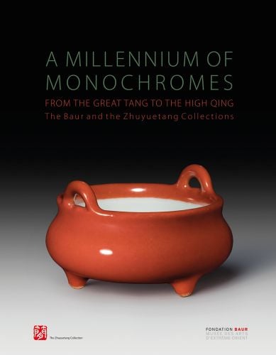 Orange glazed ceramic bowl with handles, A millennium of Monochromes from the great tang to the high qing the baur and the Zhuyuetang Collections in mint green and orange above.