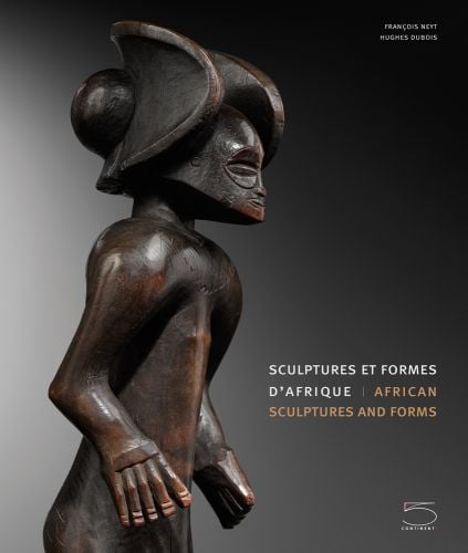 Dark wood carved figure on grey cover, African Sculptures and Forms in pale yellow to bottom right