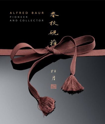 Black and grey book cover of Alfred Baur. Pioneer and Collector, featuring a brown cord tied in a bow across the front. Published by 5 Continents Editions.