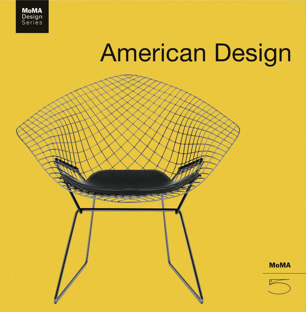 Knoll International Diamond Chair, black seat, on yellow cover, American Design in black font above.