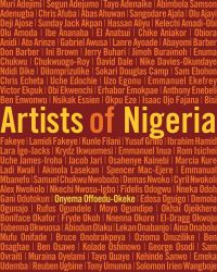 Dark orange book cover of Artists of Nigeria, featuring names of artists in light orange. Published by 5 Continents Editions.