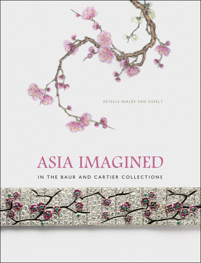White book cover of Asia Imagined, In the Baur and Cartier Collections, featuring a pink cherry blossom tree branch with band of diamond, pink and green studded jewels below. Published by 5 Continents Editions.