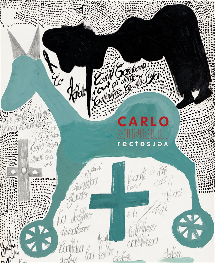Book cover of Carlo Zinelli, featuring a painting of green horse on wheels surrounded by small black dots. Published by 5 Continents Editions.