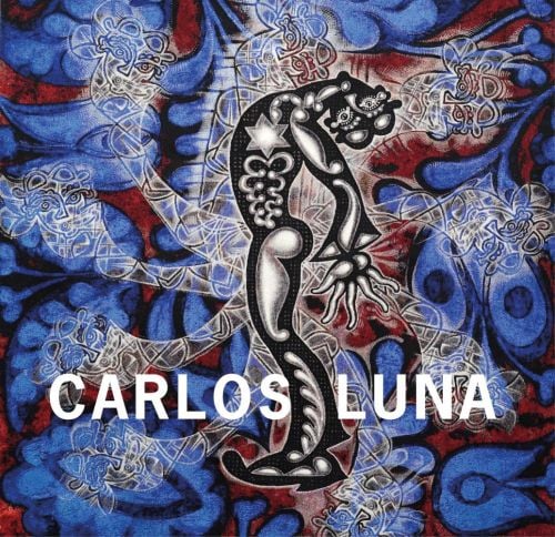 Decorative painting in blue white and dark red, Dream, 2015, by Carlos Luna, CARLOS LUNA in white font to centre.