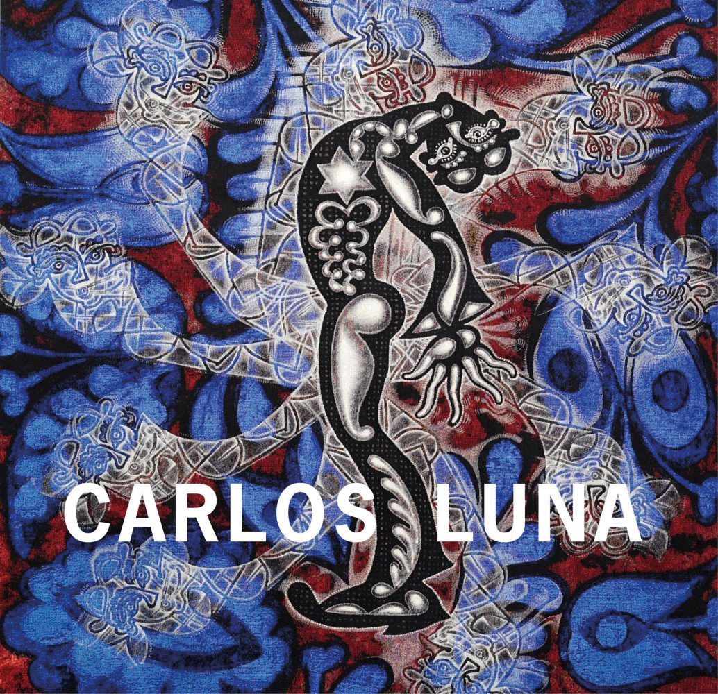 Book cover of Carlos Luna, featuring a decorative painting in blue white and dark red, titled 'Dream', 2015. Published by 5 Continents Editions.
