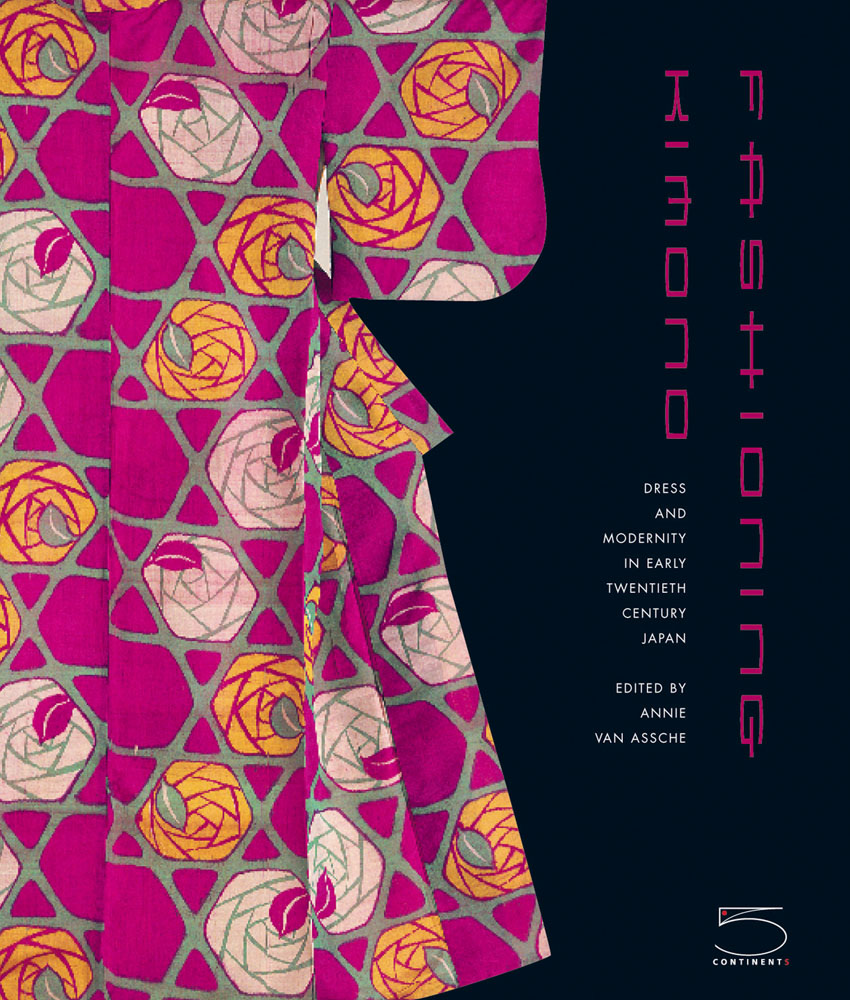 Pink kimono fabric with rose design, on black cover of 'Fashioning Kimono', by 5 Continents Editions.