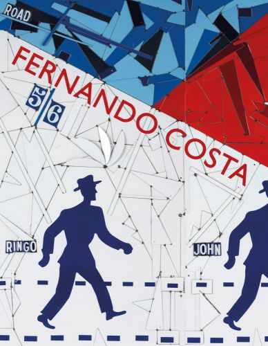 Book cover of Fernando Costa, featuring a metal street sign welded together with blue silhouettes of Ringo Starr and John Lennon walking across Abbey Road crossing. Published by 5 Continents Editions.