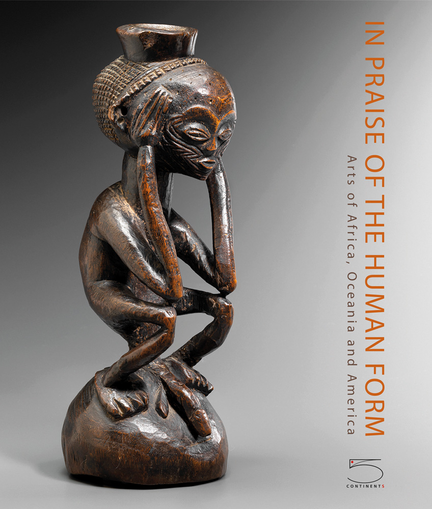 Book cover of In Praise of the Human Form, Arts of Africa, Oceania and America, featuring a dark, carved wood African figure with elbows resting on knees. Published by 5 Continents Editions.