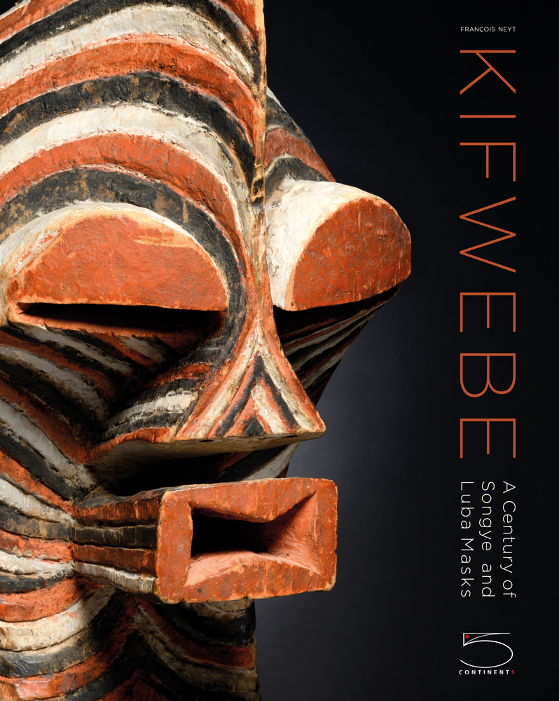 Book cover of Kifwebe, A Century of Songye and Luba Masks, featuring a terracotta, black, white striped mask with prominent features. Published by 5 Continents Editions.