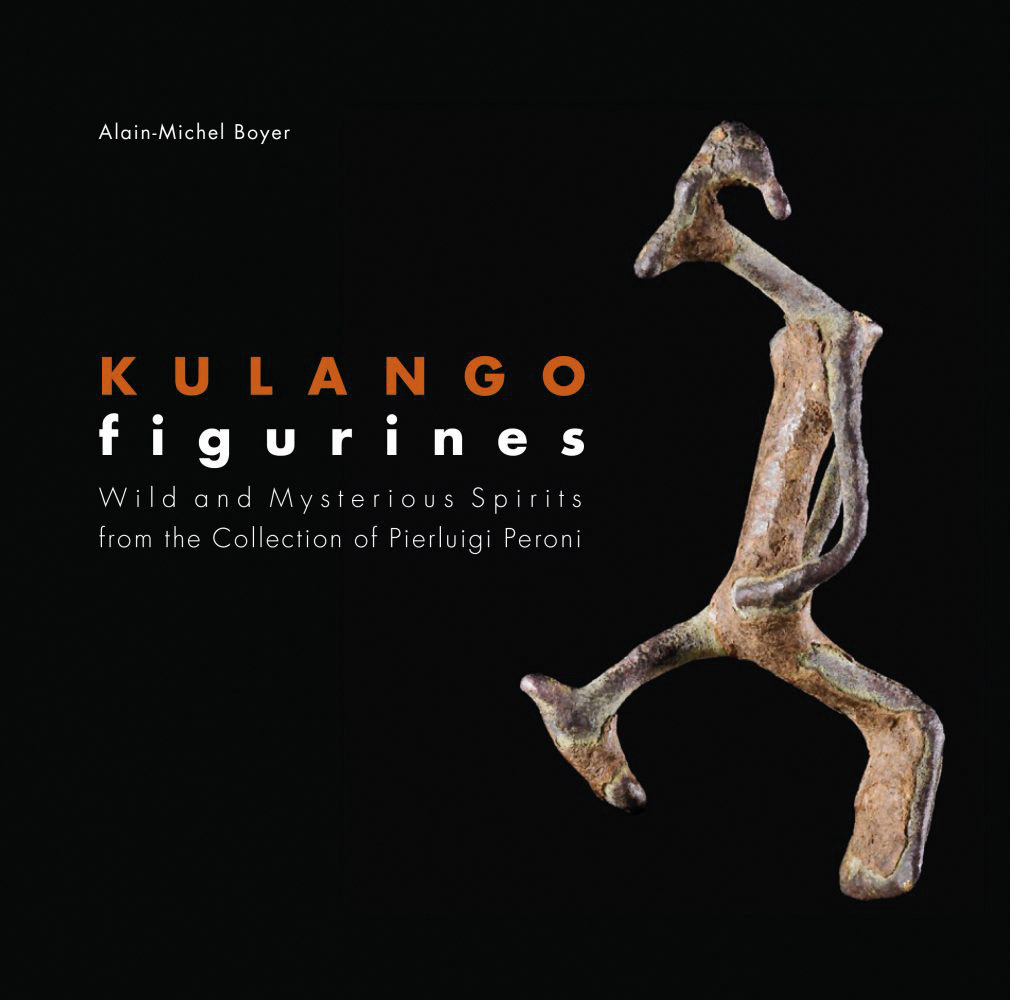 Black book cover of Kulango Figurines, Wild and Mysterious Spirits, featuring a carved wood miniature Kulango figurine. Published by 5 Continents Editions.