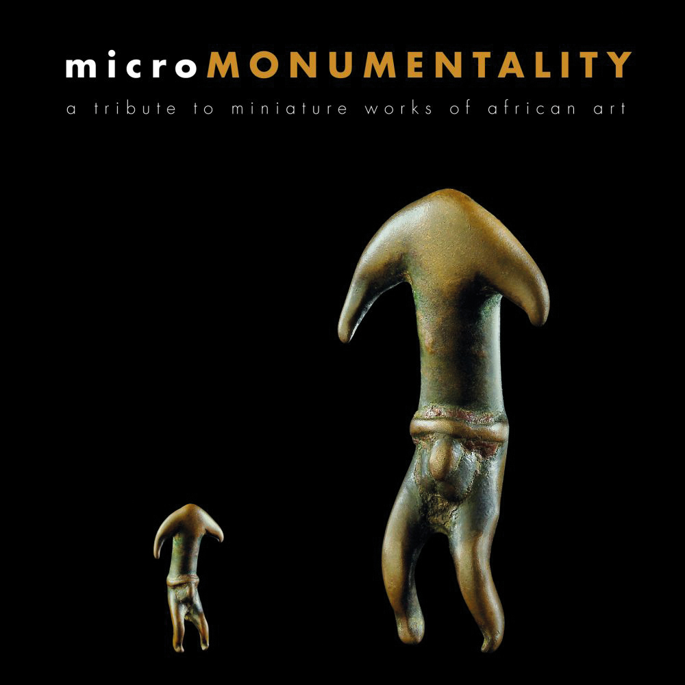 Black cover of Micromonumentality - A Tribute to Miniature Works of African Art Micro-Africa Series, featuring two carved miniature figures. Published by 5 Continents Editions.
