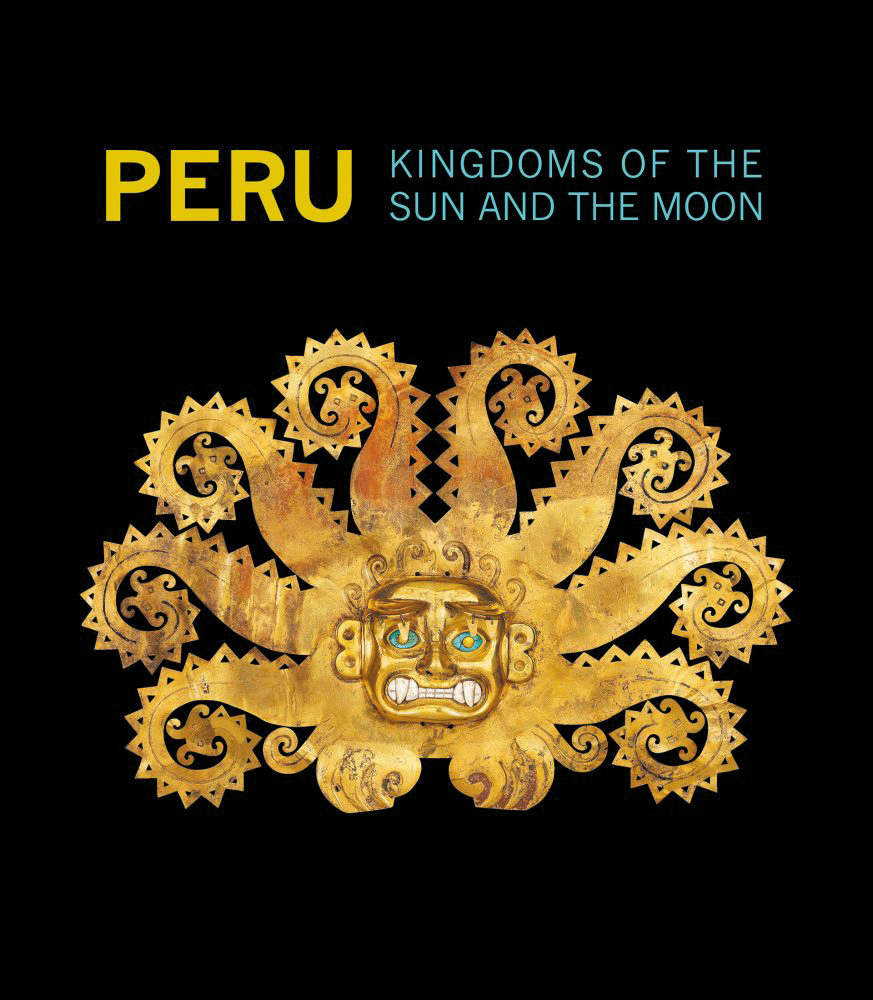 Black book cover of Peru, Kingdoms of the Sun and the Moon, featuring a gold sheet from 300 A.D, Octopus Frontlet with serrated octopus tentacles. Published by 5 Continents Editions.