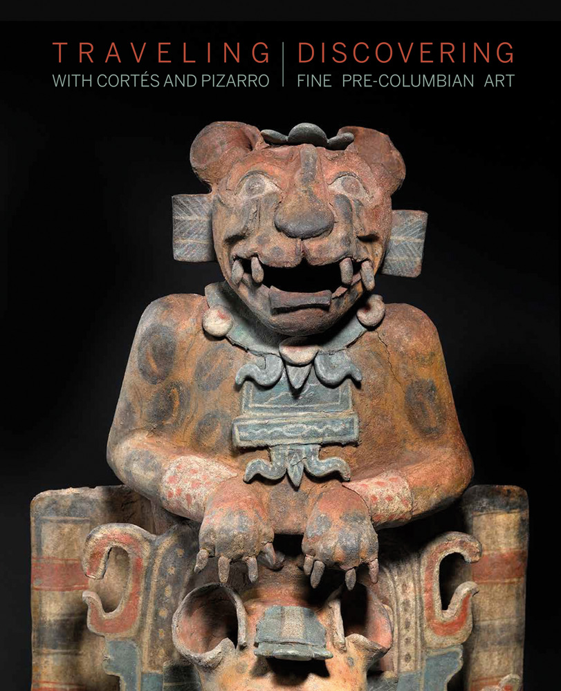 Black book cover of Traveling with Cortés and Pizarro, Discovering Fine Pre-Columbian Art, featuring a terracotta sculpture of a tiger with fangs and claws, published by 5 Continents Editions.
