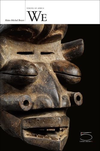 Dark wood mask with protruding closed eyes, Alain-Michel Boyer Visions of Africa We in black font on white banner above.