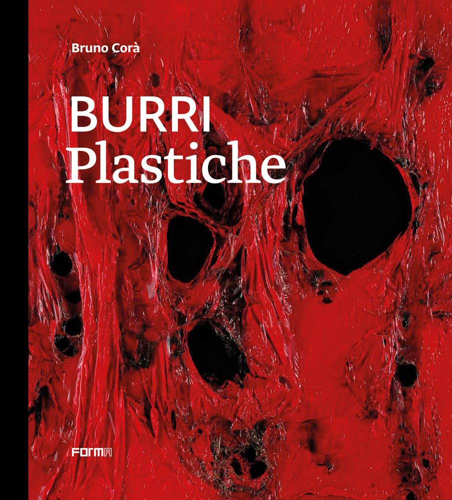 Red melted plastic sheet with holes, on cover of 'Burri Plastiche', by Forma Edizioni.