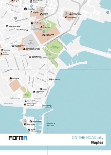 Aerial street map of Naples, grey roads, blue water areas, ON THE ROAD City Naples in blue and black font on bottom white banner