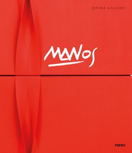 MANOS in white font to centre of red canvas cover with twisted lines by Forma Edizioni.