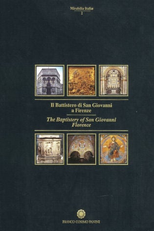 Italian monuments on navy cover of 'The Baptistery of San Giovanni in Florence', by Franco Cosimo Panini Editore.