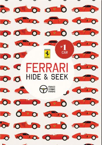 Rows of red Ferrari models across cream cover, Ferrari Hide and Seek in red and black font to centre.