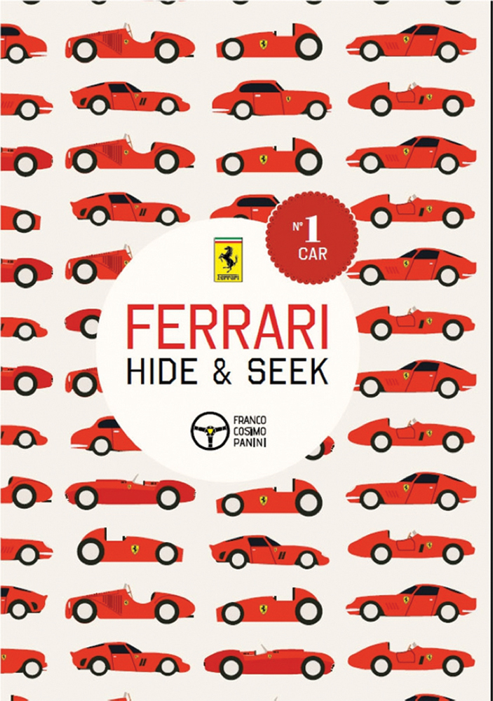 Off white cover with multiple rows of red Ferrari models and Ferrari Hide and Seek in red and black font in centre