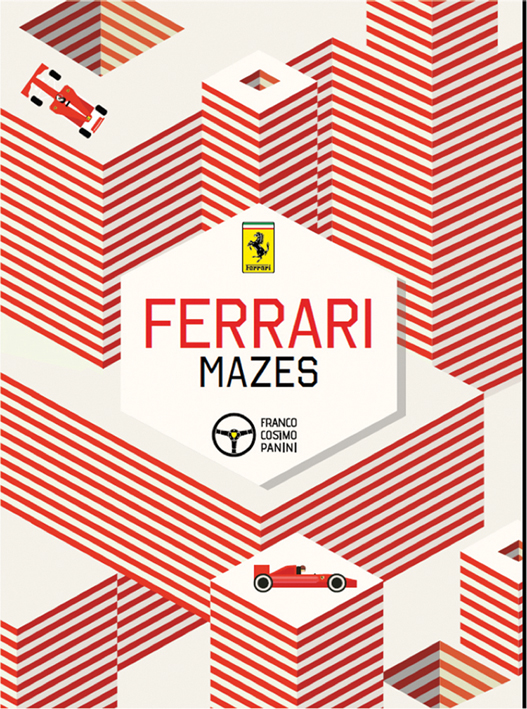 Red and white striped maze blocks with 2 Ferrari's perched on top, Ferrari Mazes in red and black on hexagonal shape to centre.