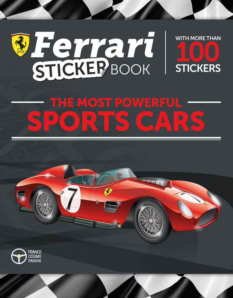 Red open top Ferrari sports car on grey cover, Ferrari Sticker Book THE MOST POWERFUL SPORTS CARS in white and red font above