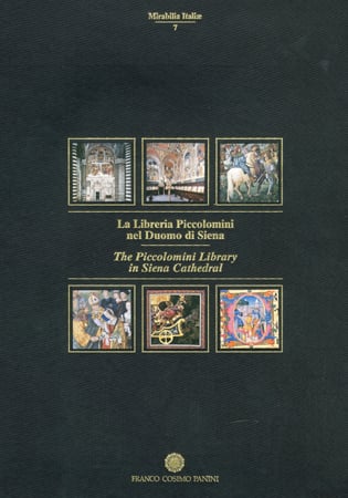 Six paintings of Italian monuments on navy cover of 'The Piccolomini Library in Siena Cathedral', by Franco Cosimo Panini Editore.