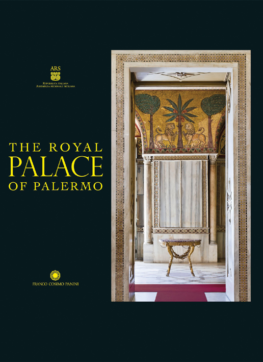 Interior room with mosaic wall, stone pillars and gold table, on navy cover of 'The Royal Palace of Palermo', by Franco Cosimo Panini Editore.