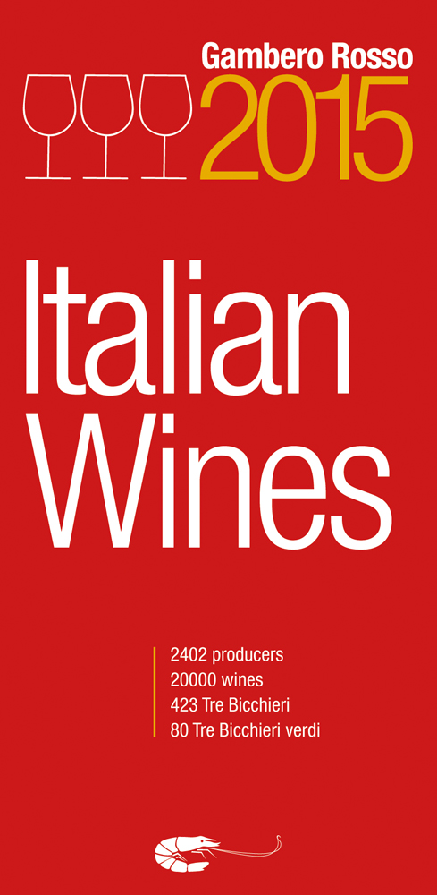 Three wine glasses to top left of red cover of 'Italian Wines 2015', by Gambero Rosso.