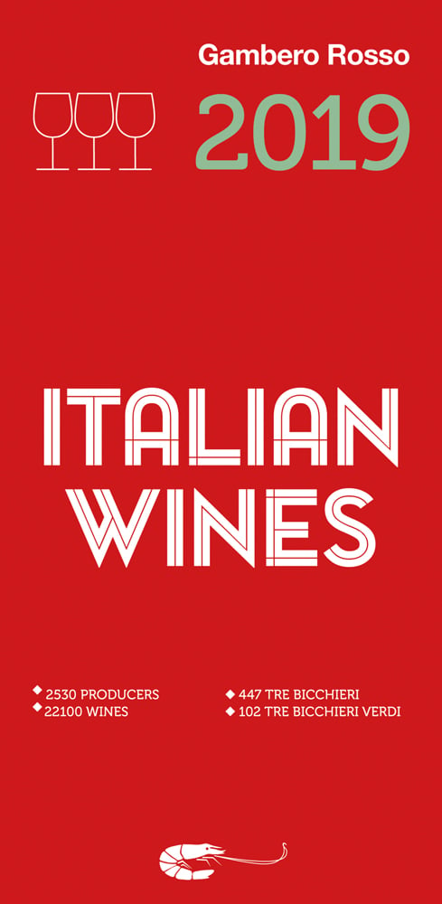 ITALIAN WINES in white font to centre of red cover, Gambero Rosso 2019 in white and pale green font to top