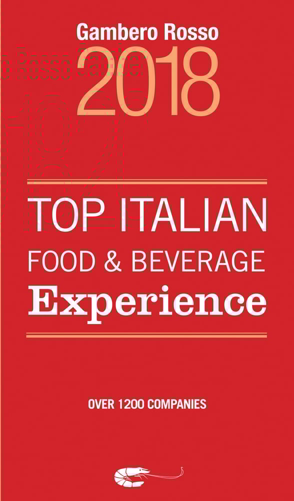 Capitalised white font on red cover of 'Top Italian Food & Beverage Experience 2018', by Gambero Rosso.
