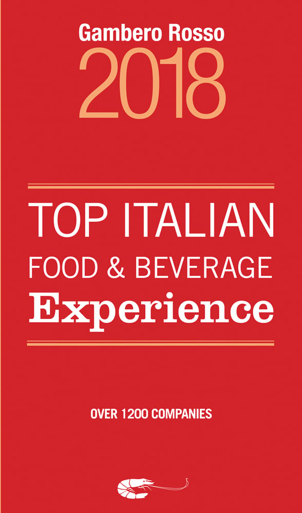 Capitalised white font on red cover of 'Top Italian Food & Beverage Experience 2018', by Gambero Rosso.