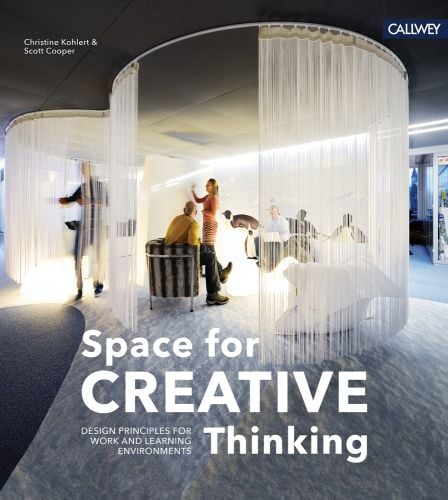 Interior with circular curtain rail obscuring a group of office workers, on cover of 'Space for Creative Thinking, Design Principles for Work and Learning Environments' by Callwey.