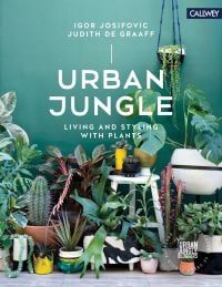 Group of indoor plants: cacti, large green leaved tropicals, on cover of 'Urban Jungle: Living and Styling with Plants', by Callwey.