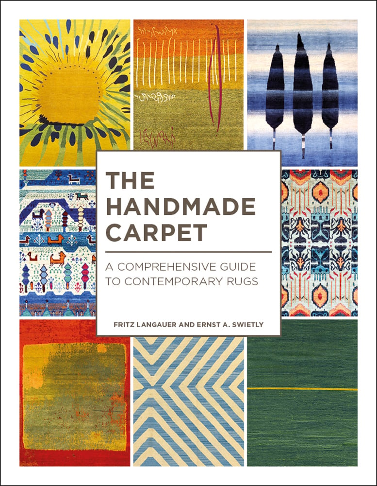 Montage of colourful pattered rugs, on white cover, The Handmade Carpet in bronze font on white centre square