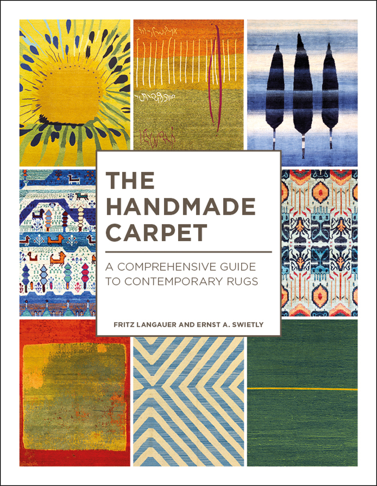 Montage of colourful pattered rugs, on white cover of 'The Handmade Carpet, A Comprehensive Guide to Contemporary Rugs', by Hali Publications.