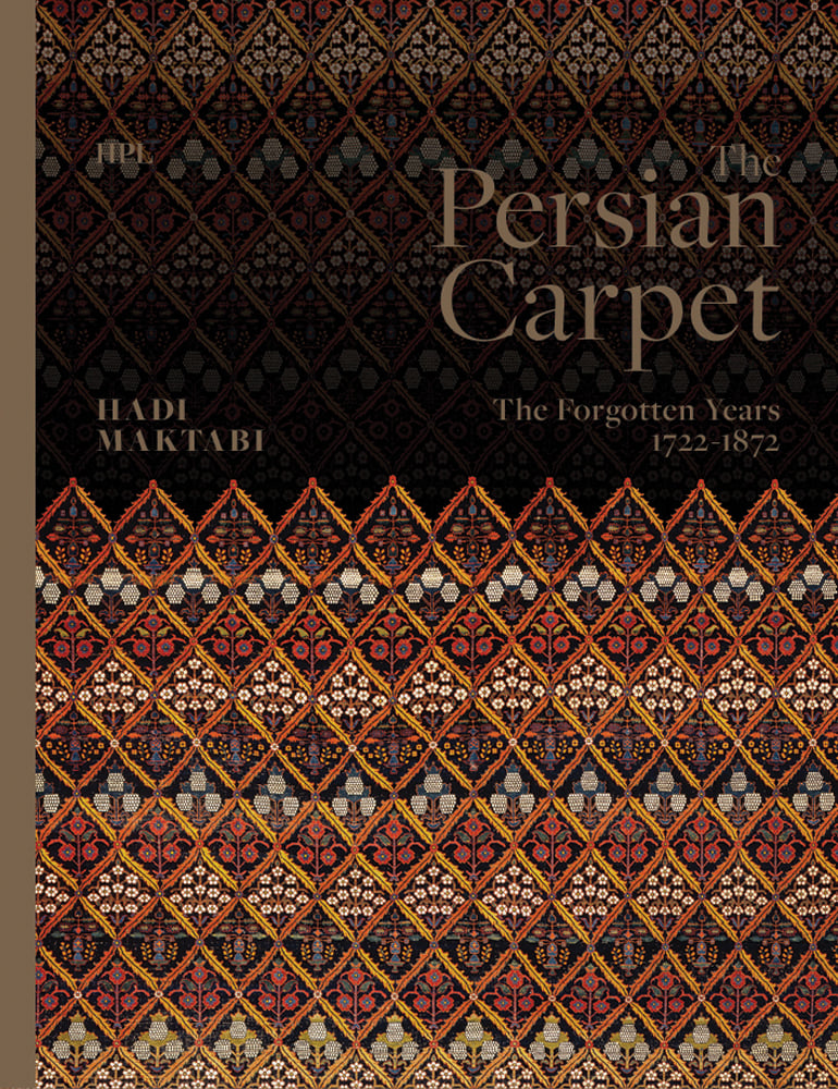 Bold Persian carpet design, with red and orange diamond shapes, black filter over top half, The Persian Carpet in bronze font to upper right.
